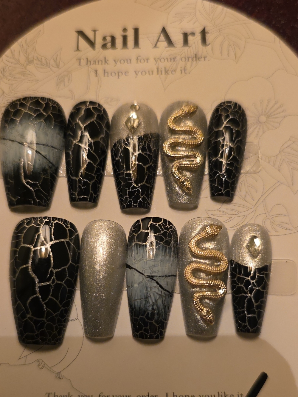 Metallic Black & Silver Snake Accent Press-On Nails Size Large